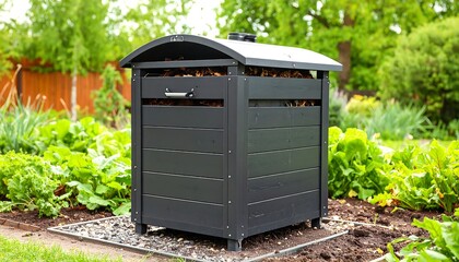 Black outdoor compost bin in a garden