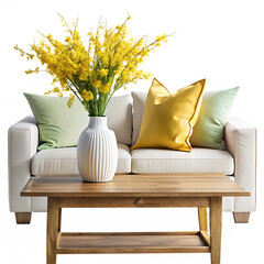 white sofa, olive green pillow, yellow spring flowers in a vase and ceramic accessories on a wooden table isolated on white and transparent background