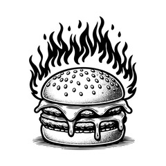 Hamburger on fire sketch engraving black and white outline. Scratch board imitation.  illustrated in vintage line art style on a white background.