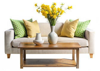 white sofa, olive green pillow, yellow spring flowers in a vase and ceramic accessories on a wooden table isolated on white and transparent background