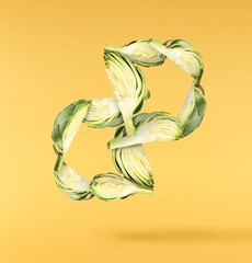 Fresh raw Artichoke falling in the air isolated on yellow background. High resolution image