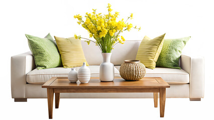 white sofa, olive green pillow, yellow spring flowers in a vase and ceramic accessories on a wooden table isolated on white and transparent background