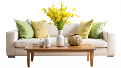 white sofa, olive green pillow, yellow spring flowers in a vase and ceramic accessories on a wooden table isolated on white and transparent background
