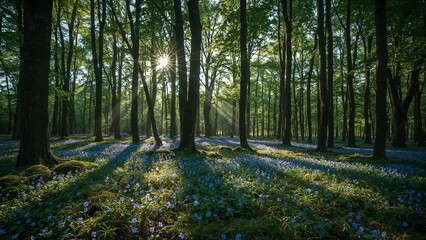 Sunlight streams through a vibrant forest, illuminating the trees and ground.