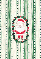 Christmas card, book cover design. Retro style. Cute smiling santa claus hand drawn with watercolor. Xmas illustration for greeting card, invitation, banner, poster, frame art, packaging