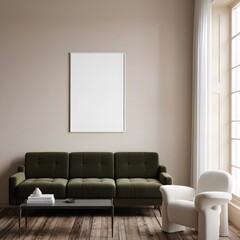 A modern living room with a plush green sofa a white armchair and a blank framed picture on a neutral wall bathed in natural light from a large window