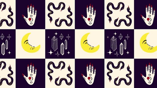 Spooky mystical pattern with magical symbols snakes, moon, hands. Horizontal video