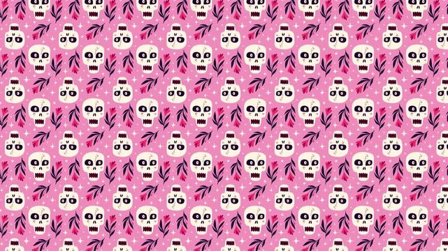 Pink Vibrant Halloween pattern with mystical Gothic skulls and flowers. Horizontal video