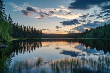 Fototapeta premium Serene lake at sunset. Peaceful reflections on still water, edged by green forest. Clouds in soft pastel hues
