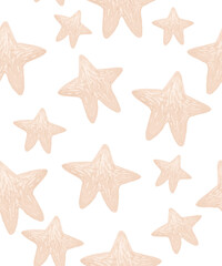 Infantile Style Print With Brown Stars.Irregular Seamless Vector Pattern With Hand Drawn Stars On a White Background. Simple Childish Starry Print for Fabric, Textile, Wrapping Paper.Starry Wallpaper.
