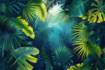 Jungle Tropical Leaves Background. Palm Trees Poster. Vector illustration