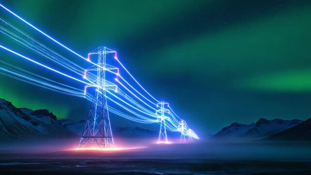Stunning Aurora Borealis Night Scene Power Lines Electricity Transmission Energy High Voltage Pylons Winter Mountains Landscape Dramatic Light Trails Northern Lights Energy Grid