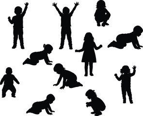 Active Children and Toddlers Playing Silhouette Set