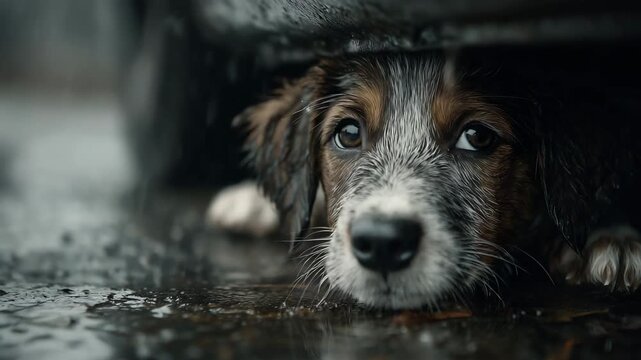 Scared Puppy Hiding Under Car During Rainy Weather