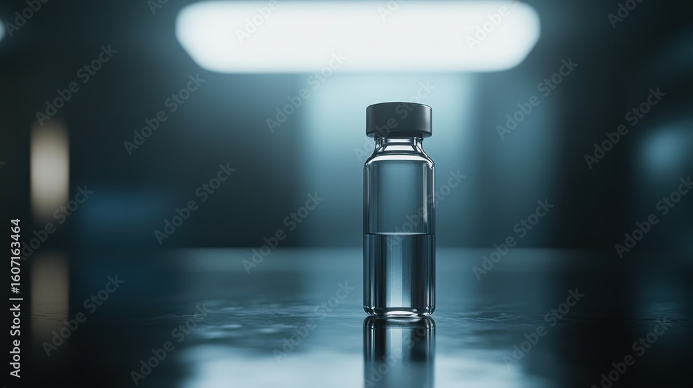 Poster transparent glass vial filled with clear liquid on a reflective surface in an ethereal setting with 