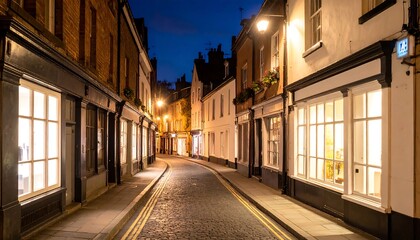 Fototapeta premium Nighttime alleyway with lit shops