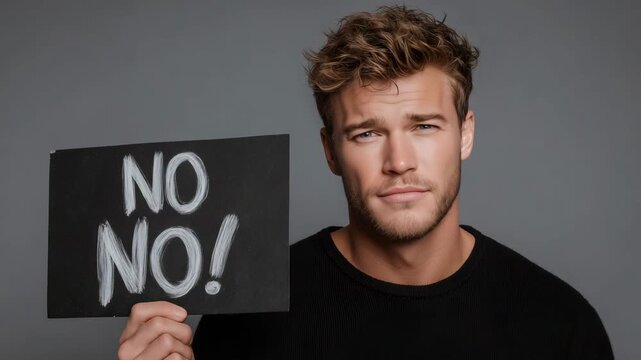 Bearded Man Holding "NO" Sign, Showing Disapproval or Rejection Gesture
