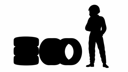 Silhouette of a racer standing next to tires stacked and arranged in a row on a white background | editable eps vectors