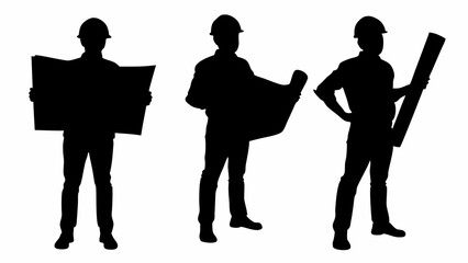 Three silhouettes of architects in hard hats reviewing blueprints and holding rolled plans on white background | editable eps vectors
