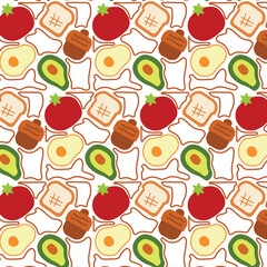 A cheerful repeating pattern of breakfast foods: toast, avocado, eggs, and tomatoes.