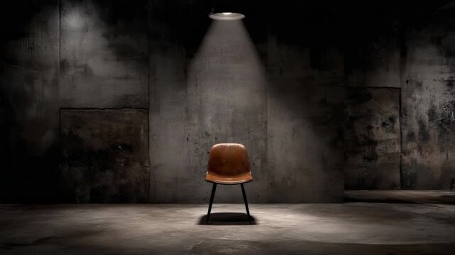 Lonely chair under spotlight in dark room, concept for interview or interrogation stage