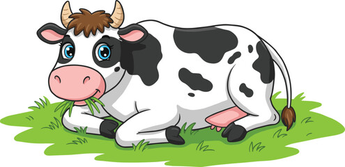 Cute Cartoon Dairy Cow Lying Down in Green Grass, Chewing Fresh Hay, Happy Farm Animal Vector Illustration, Black and White Holstein Cattle, Isolated Agricultural Livestock.