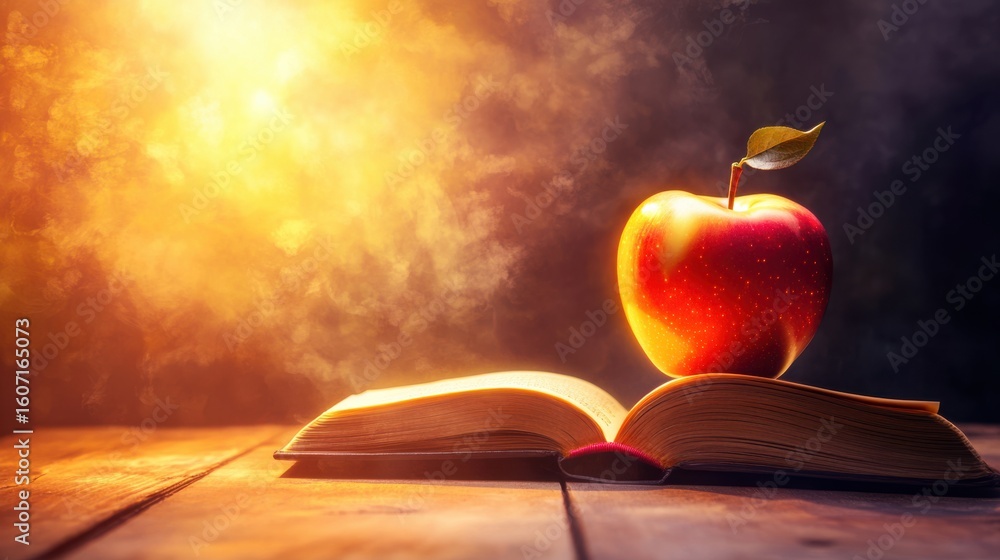 Poster bright red apple resting on open book with soft golden light in background creating a dreamy and war
