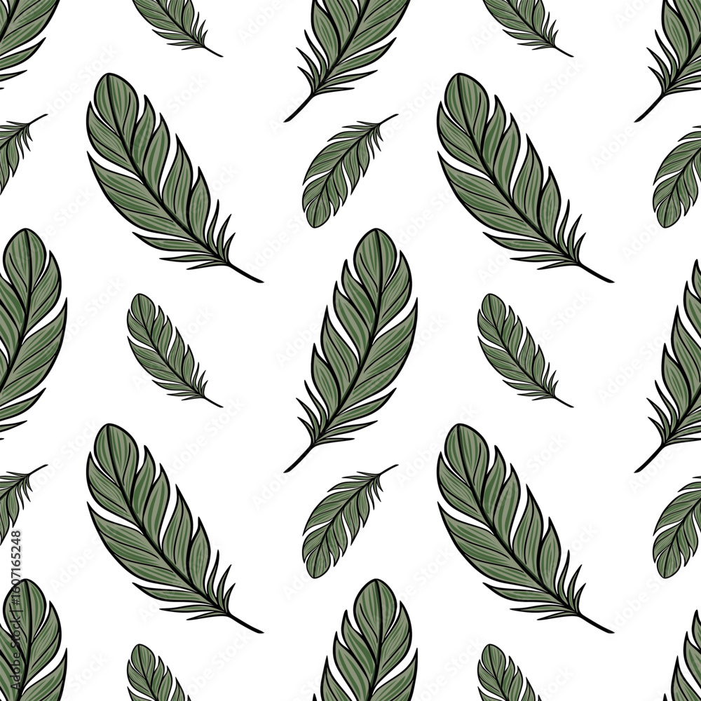 Poster seamless vector pattern of stylized green feathers on a white background, ideal for textile prints a