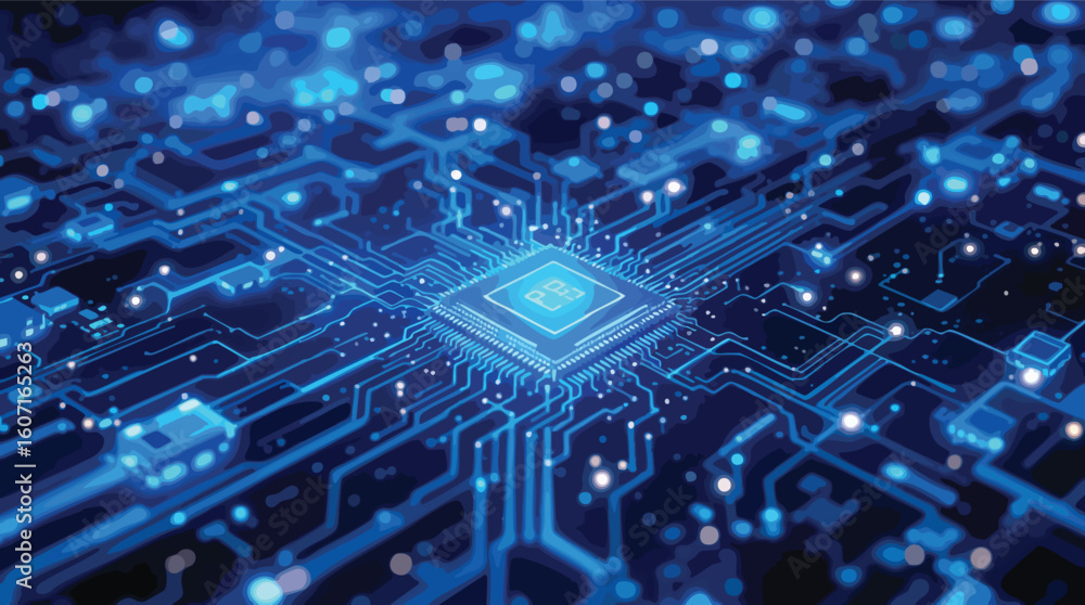 Poster abstract depiction of a modern computer processor integrated circuit board in blue tones.