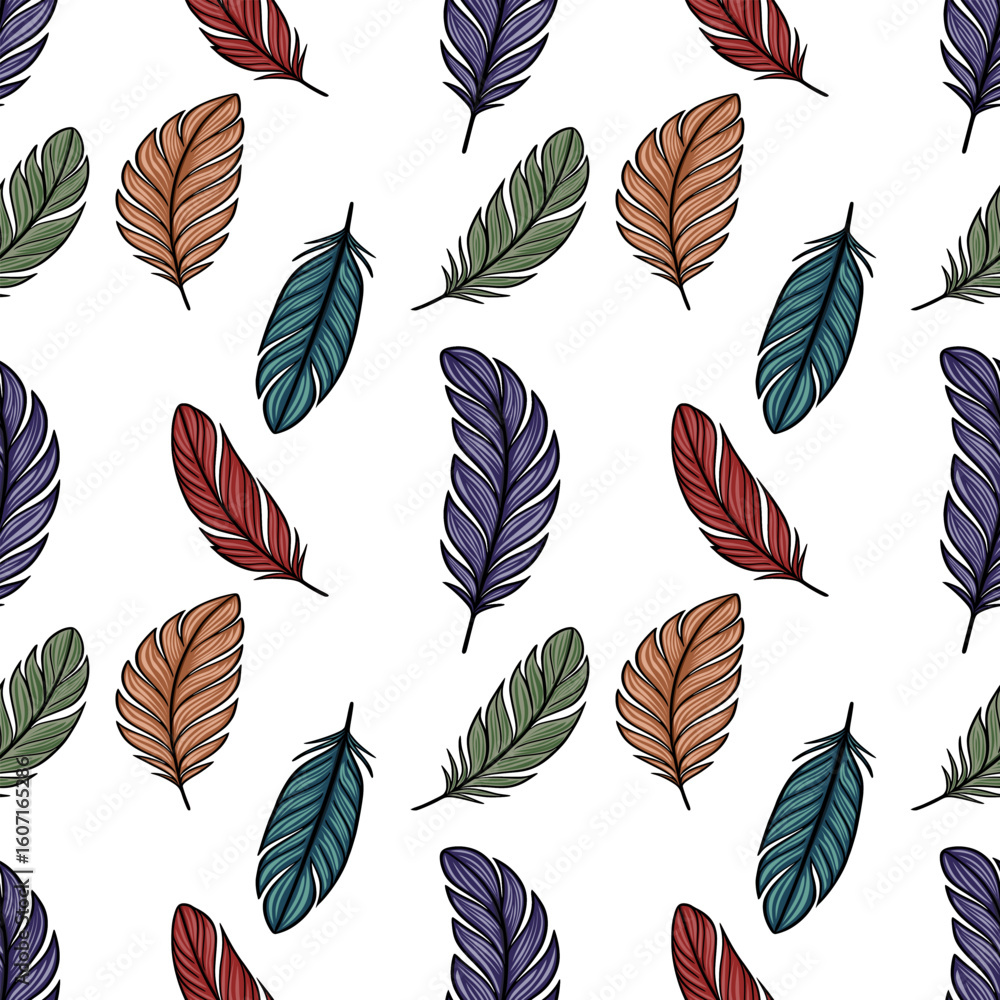 Poster seamless vector pattern of colorful hand-drawn feathers with detailed texture and line art style, pe