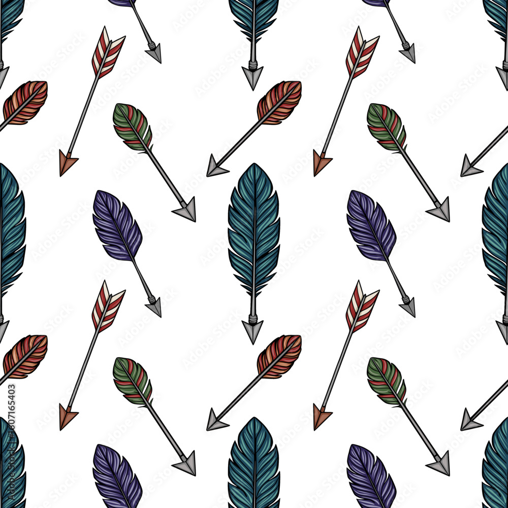 Poster seamless vector pattern of colorful arrows with feathers, featuring a vibrant boho style and a scatt