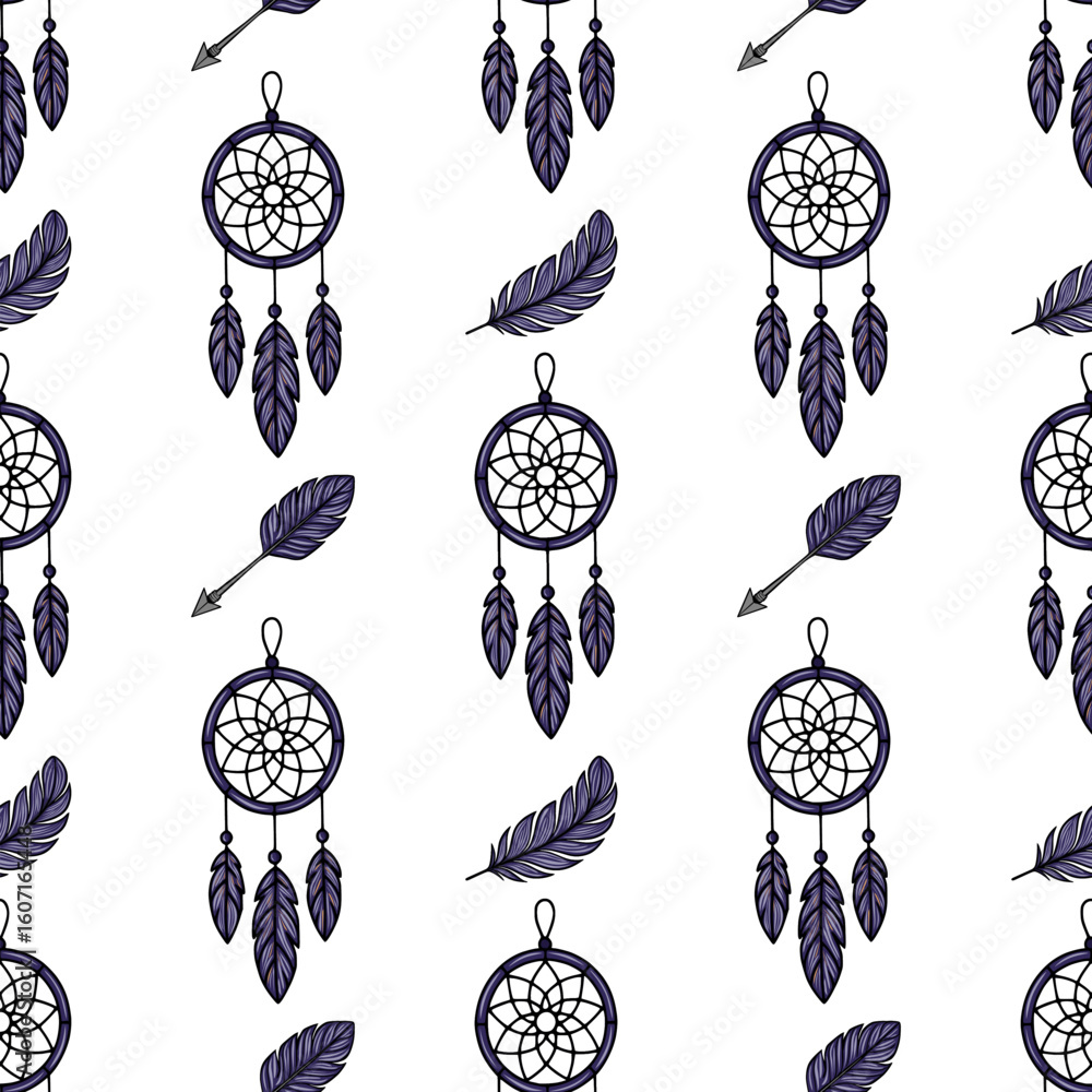 Poster seamless vector pattern featuring dreamcatchers, feathers, and arrows in a dark purple and gray colo