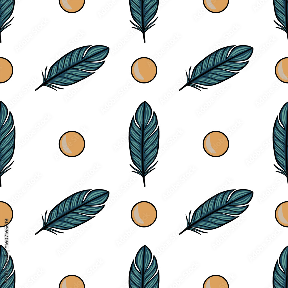 Poster seamless vector pattern with teal feathers and mustard yellow circles, creating a minimalist and sty