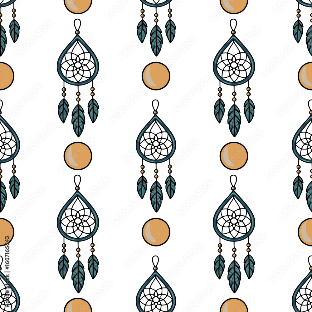 Poster seamless vector pattern with teal dream catchers and ochre circles, creating a bohemian and mystical