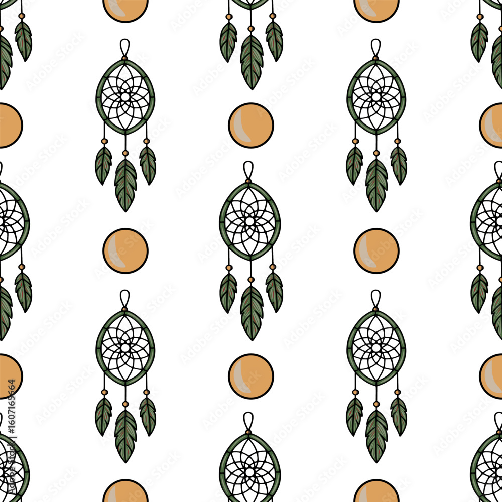 Poster seamless vector pattern featuring dreamcatchers with green feathers and beige circles, creating a bo