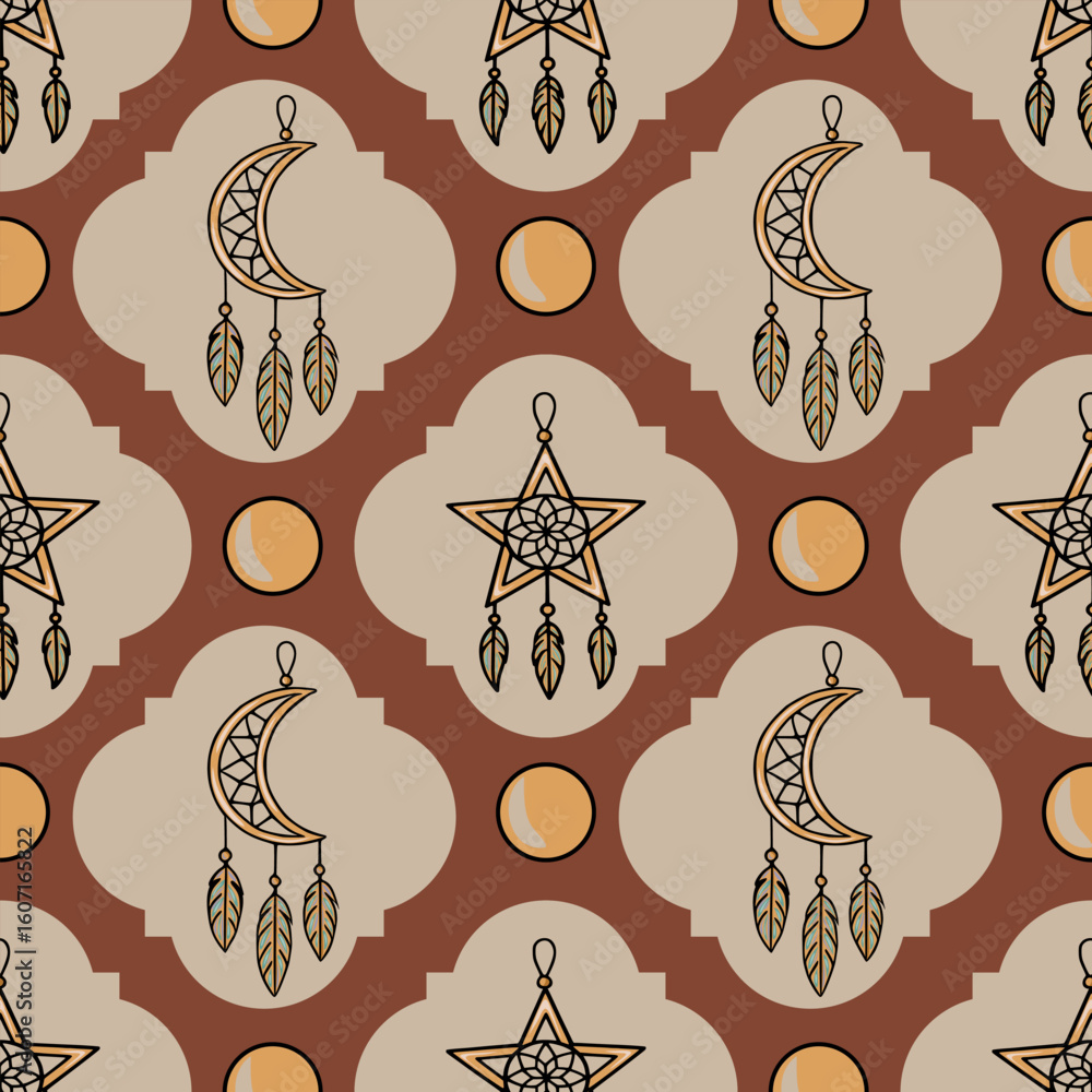 Poster seamless vector pattern with boho dreamcatchers in moon and star shapes, adorned with feathers, set 