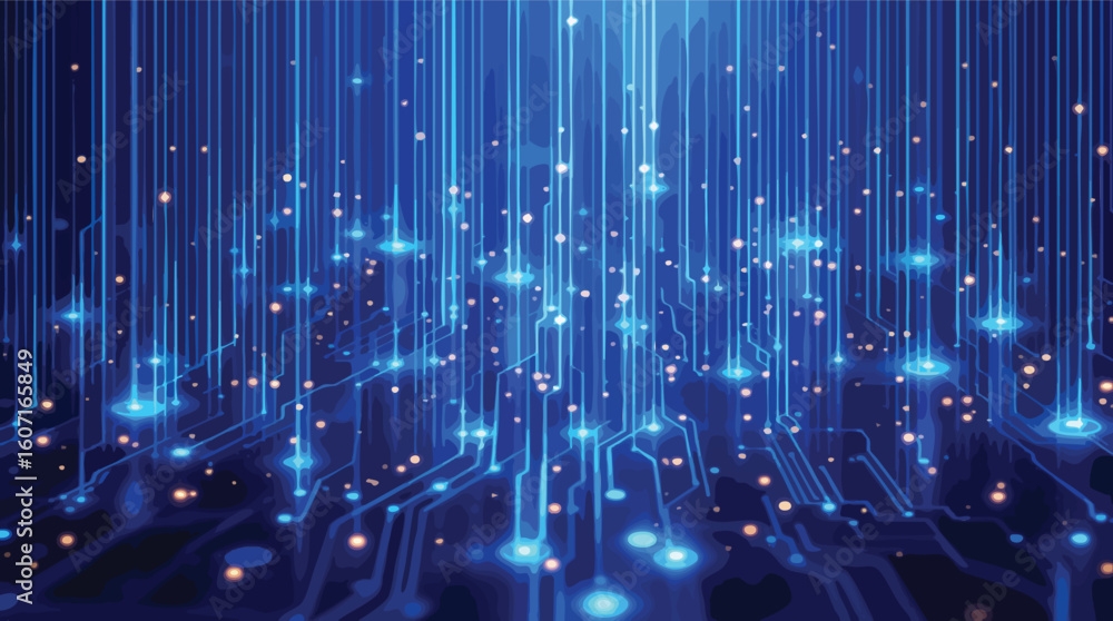 Poster abstract digital circuit board depicting data flow and technological connectivity in blue tones.