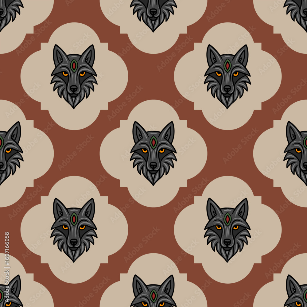 Poster seamless vector pattern featuring stylized wolf heads with a third eye, arranged within a repeating 