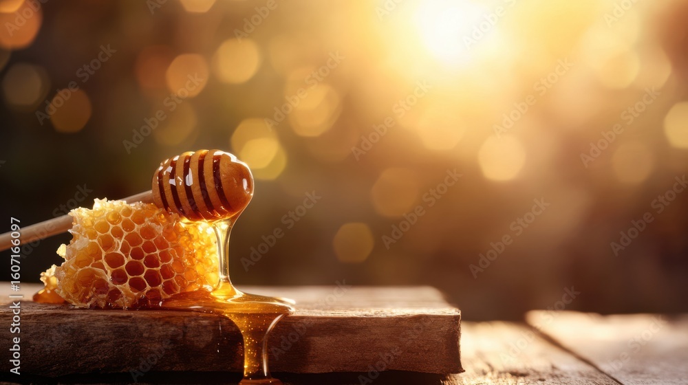 Poster dripping honey from wooden dipper on honeycomb with warm natural background and soft bokeh effect