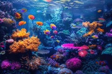 Life in a coral reef. Rich colors of tropical fish. Animals of the underwater sea world. Ecosystem.