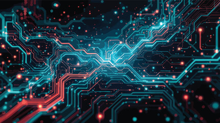 Fototapeta premium Abstract digital circuit board illustration featuring intricate lines and glowing light effects over a dark background.