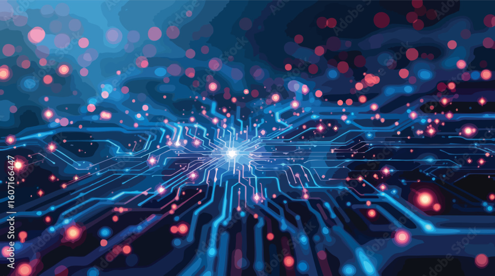Poster abstract digital circuitry depicting data transmission and technological connections in futuristic d