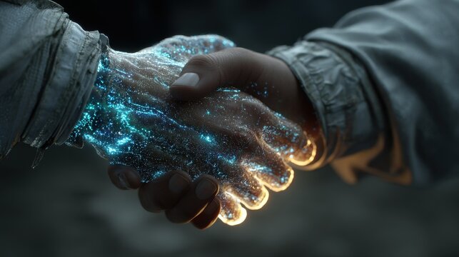 Soft-focus close-up of handshake, astronaut and bioluminescent alien hand 