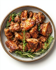 Fototapeta premium Grilled Ribs in Bowl with Rosemary, Top View of Glazed Meat