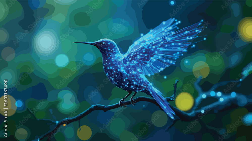 Poster abstract illustration of a digital hummingbird perched on a branch surrounded by bokeh lights.