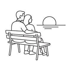 Couple Sitting on Bench Watching Sunset Line Art EPS Illustration

