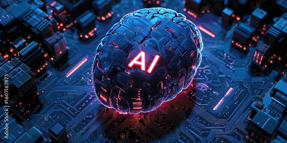 Poster 3d rendered ai brain with glowing text, surrounded by circuit blocks and chips on dark blue backgrou