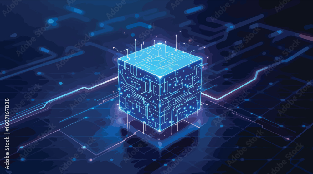 Aufkleber abstract illustration of a futuristic digital data cube with circuitry details in blue hues.