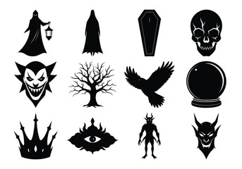 Collection of gothic halloween icons silhouette isolated on white background