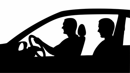 Silhouette of two people inside a car with one person driving and the other as passenger in black and white | editable eps vectors